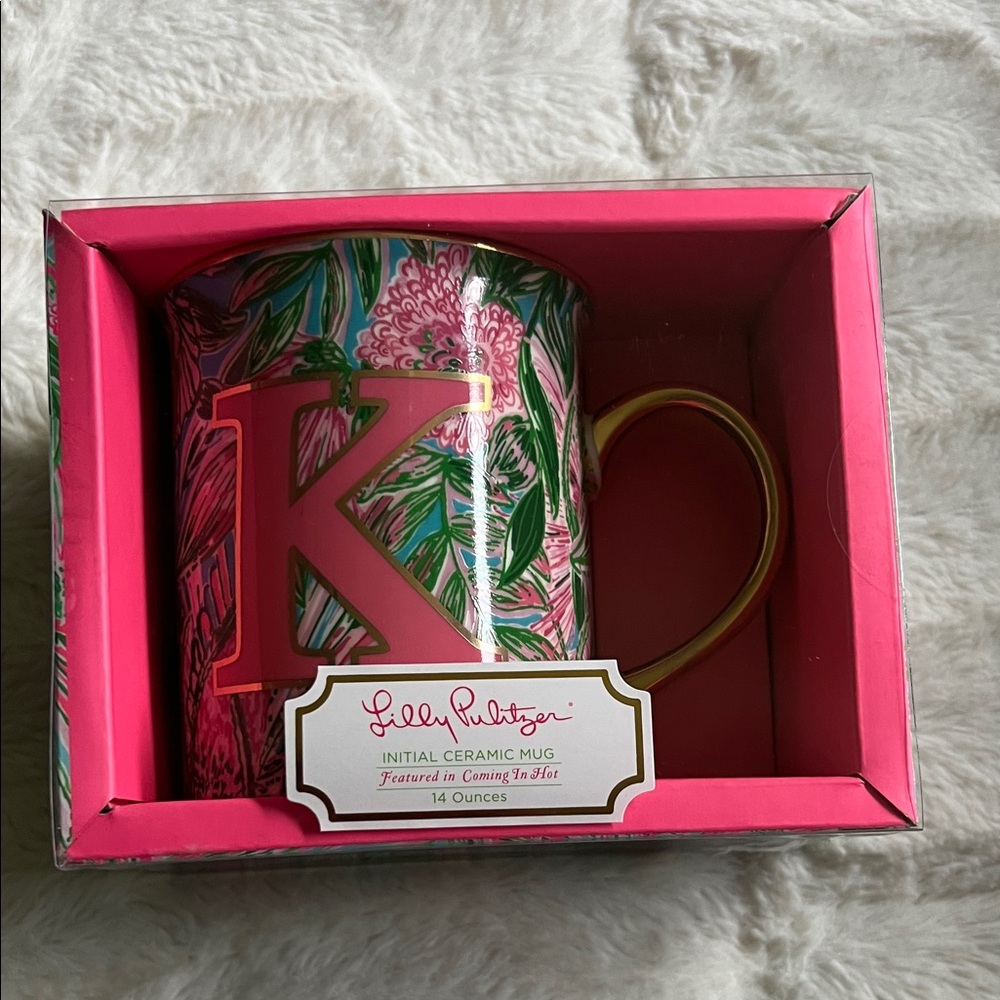Lilly Pulitzer Pink and Green Floral Ceramic Mug with Gold Handle NWT “K”